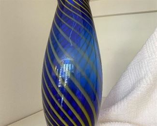 Blue and Yellow striped long stem Vase 11" T