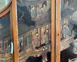 Antique China Cabinet completely enclosed. 73"W x 84"H x 16.5 D, Hand Carved and hand painted chinoiserie influences. Burled wood and brass pulls