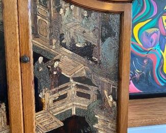 Antique China Cabinet completely enclosed. 73"W x 84"H x 16.5 D, Hand Carved and hand painted chinoiserie influences. Burled wood and brass pulls