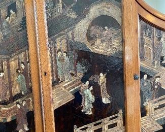 Antique China Cabinet completely enclosed. 73"W x 84"H x 16.5 D, Hand Carved and hand painted chinoiserie influences. Burled wood and brass pulls