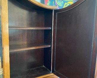 Antique China Cabinet completely enclosed. 73"W x 84"H x 16.5 D, Hand Carved and hand painted chinoiserie influences. Burled wood and brass pulls