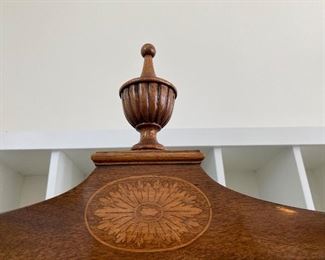 Antique China Cabinet completely enclosed. 73"W x 84"H x 16.5 D, Hand Carved and hand painted chinoiserie influences. Burled wood and brass pulls
