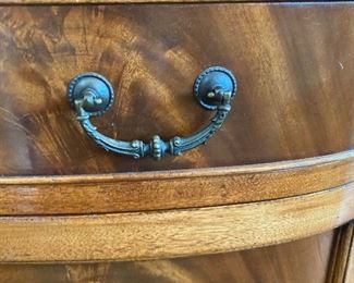 Antique China Cabinet completely enclosed. 73"W x 84"H x 16.5 D, Hand Carved and hand painted chinoiserie influences. Burled wood and brass pulls