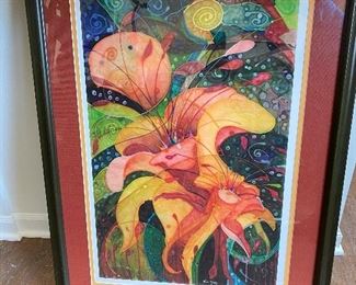 "Columbine Abstract" by Anne Hanley, Lithograph marked in pencil 13/15 Size 26.25 w x 37"T Watercolor artist from Wheaton IL
