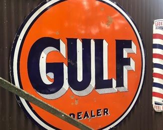 VINTAGE GULF DEALER SIGN - PORCELAIN 65” Diameter. Double Sided, Known as “the Pin Stripe” sign