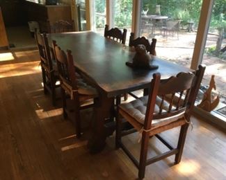 Primitive long farm table w 6 chairs