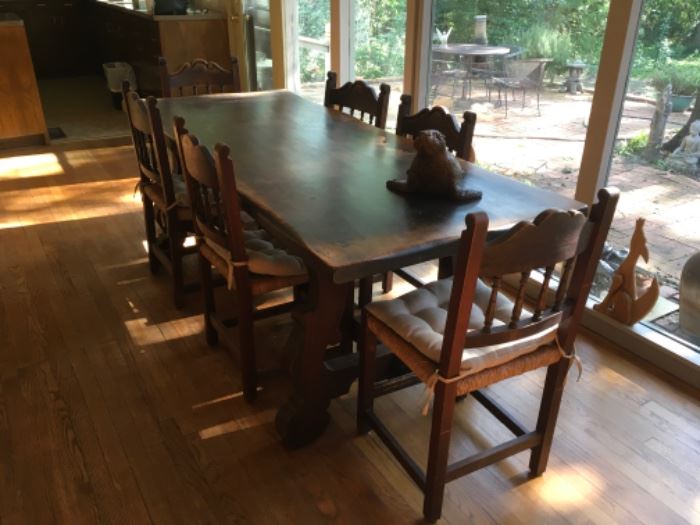 Primitive long farm table w 6 chairs