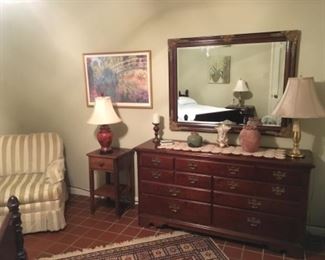 dresser, chair side table rug and lamps