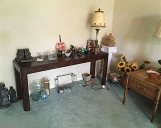 sofa table, glassware pottery