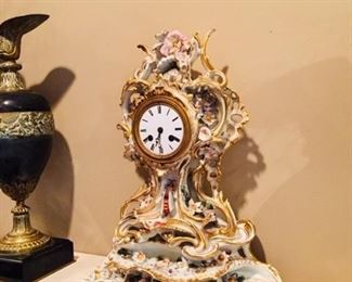 19th Century Meissen Clock and Stand, as is not running and some chips.