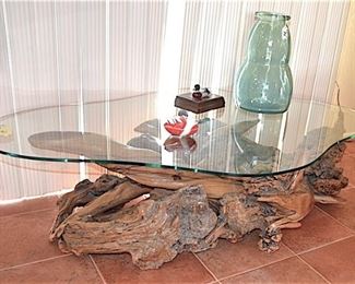 Driftwood glass coffee table