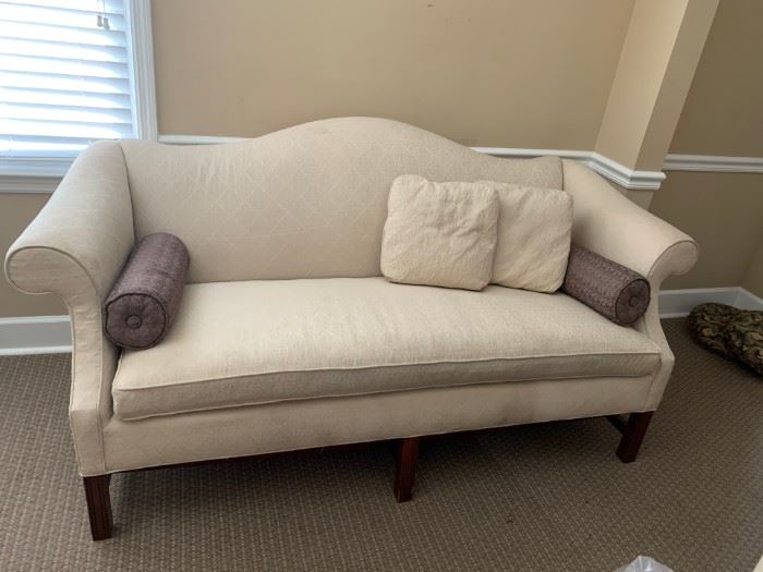 #1	Fairfield cream cotton camel back sofa with brown side cushions 72 long  as is dirty	 $75.00 
