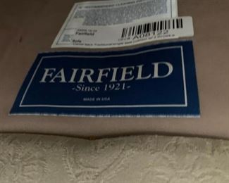 #1	Fairfield cream cotton camel back sofa with brown side cushions 72 long  as is dirty	 $75.00 
