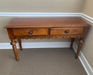 #3	2 drawer sofa table wood with legs and carved edge 50x17.5x29	$175 
