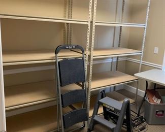 #10	3 metal with 5 particle board shelves 48x24x84 $100 ea	 $300.00 
#11	gray plastic folding table 72 long	 $25.00 
#12	easy reach 3 step ladder 4 foot 	 $25.00 
#13	2 step plastic ladder 2 foot	 $15.00 
