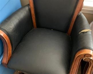 #19	DMI Furniture wood and black/brownish leather seat (A1) as is black w arm tear  $25 
