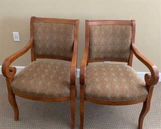#38	fairfield brand 2 wood arm chairs with tan/rust /gray seat and back $150 ea	 $300.00 
