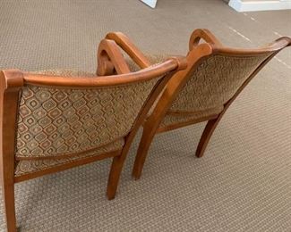 #38	fairfield brand 2 wood arm chairs with tan/rust /gray seat and back $150 ea	 $300.00 
