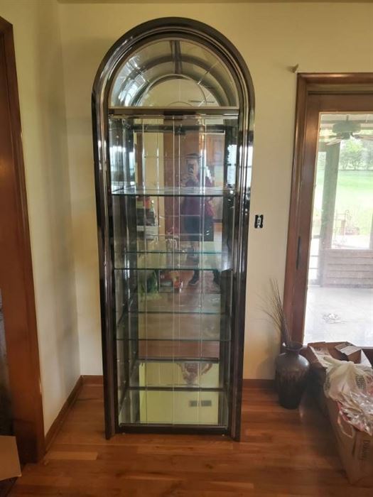 Rounded Chrome Beveled Etched Glass Curio Cabinet - 4 Tier Shelving