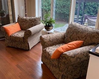 $250 EACH TAUPE / BEIGE VANGUARD DESIGN UPHOLSTERED CHAIRS-2 AVAILABLE 
45”W x 36.5”D x 36”H