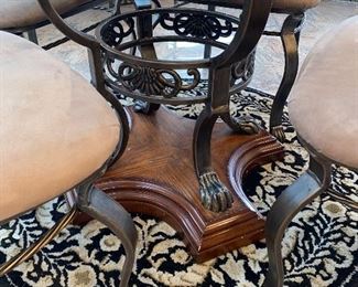 $350 ROUND GLASS / WOOD AND METAL KITCHEN TABLE WITH 4 CHAIRS 
48” DIA x 30.5”H
