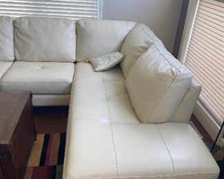 $800 CREAM / BEIGE LEATHER SECTIONAL 
LEFT SIDE
67”L x 37”D x 32”H
RIGHT SIDE
86”L x 38”W x 32”H
TOTAL LENGTH 105”
