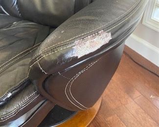 $50 BLACK FAUX LEATHER CHAIR WITH OTTOMAN - SOLD AS IS / PEELING 