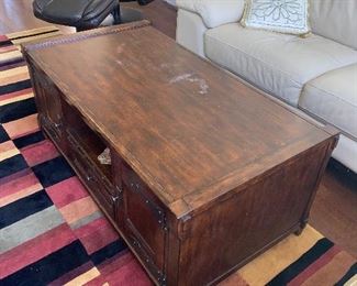 $60 WOOD & METAL TRUNK STYLE RUSTIC FINISH COFFEE TABLE / SOLD AS IS 
49”L x 26”W x 20.25”H
