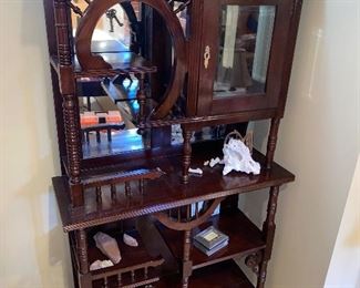 $200 VINTAGE WOODEN SHELF WITH MIRRORS AND CABINET 
35”L x 14”D x 70”H
