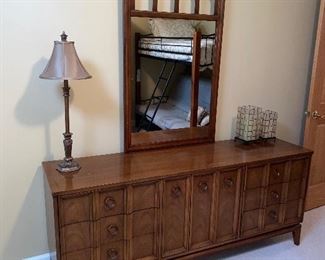 $95 DIXIE MCM VINTAGE DRESSER WITH MIRROR
72”L x 18.5”D x 77”H WITH MIRROR 
30.25”H WITHOUT MIRROR 
