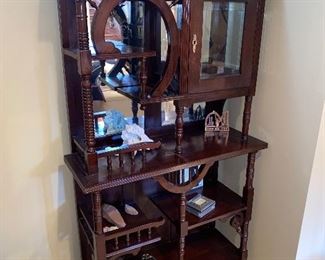 $200 VINTAGE WOODEN SHELF WITH MIRRORS AND CABINET 
35”L x 14”D x 70”H