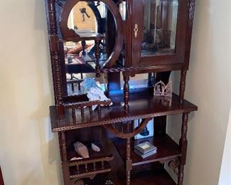 $200 VINTAGE WOODEN SHELF WITH MIRRORS AND CABINET 
35”L x 14”D x 70”H