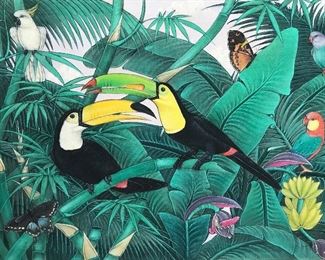 Signed Acrylic Painting Canvas Toucans in Jungle