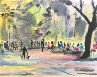 Signed Park Watercolor Painting