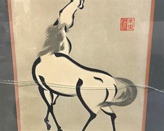 Signed Chinese Woodblock Print of Horse
