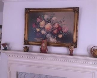 Beautiful Oil on Canvas Painting and Roseville Pottery