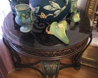 Iron and Glass Top Table & Blue Roseville pieces