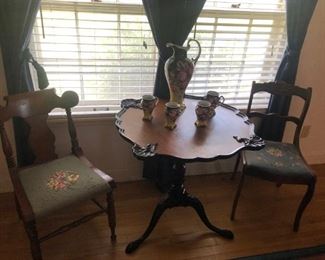 Chippendale Pie Crust Table, Vintage Needle Point cushion chairs
