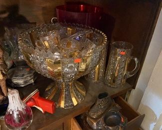 large heavy crystal punch bowl set and pitchers - lots of good vintage glassware