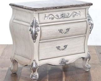 French White/Silver Nightstand W Marble Finish Top