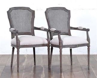 Pair Stone Gray French Empire Cane Back Accent Chairs