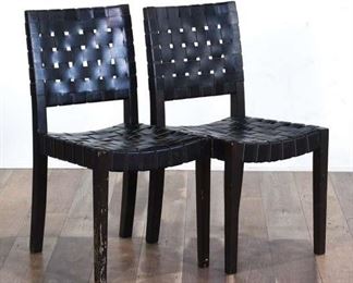 Pair Woven Leather Strap Accent Chairs