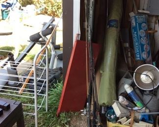 FISHING POLES /LURES /WEIGHT BENCH AND 2 SETS OF WEIGHTS