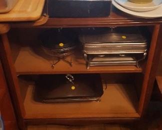 Sterno servers,bread pans. Shelf is repurposed old console tv,2 available