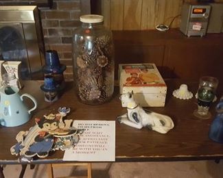 Rare vintage items. 18 1/4" mason jar with raised eagle$$. Early 60s microscope lab kit,incomplete$. Great Dane decanter$. Top hat gentleman vases$.more added later