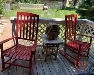 Outdoor Wooden Rockers with Marble Topped Wicker Side Table