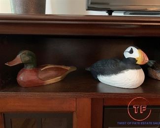 Hand Carved Common Puffin Signed P Holland 1991 and Hand Carved Duck Decoy