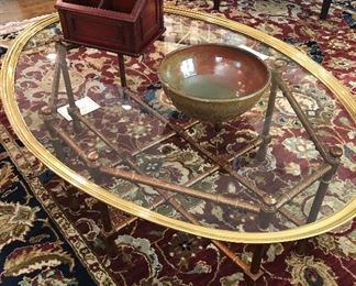 Glass coffee Tray table w/brass trim and folding wood bamboo legs/stand