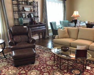 SOFA AND CHAIR AND BAKER'S RACK ' SOLD"             Rug and tables are still available