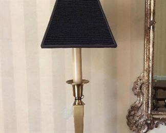 PAIR - heavy brass candlestick lamps w/pleated black shade